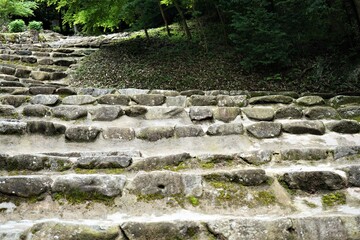 Sunlight Shining Through a Forest and cedar trees on a country stone stairs on Azuchi mountain in Shiga prefecture, Japan - 安土城跡 石段 滋賀県 日本