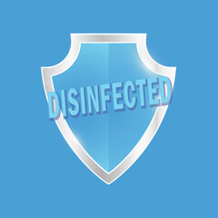 Blue and silver glossy shield. Antibacterial hand sanitizer logo, sanitizer gel, antiseptic label. Antimicrobial resistant badge. Coronavirus protection shield. Detergent graphics. Vector