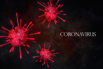 Virus cells on a black background with coronavirus text. New outbreak of the epidemic