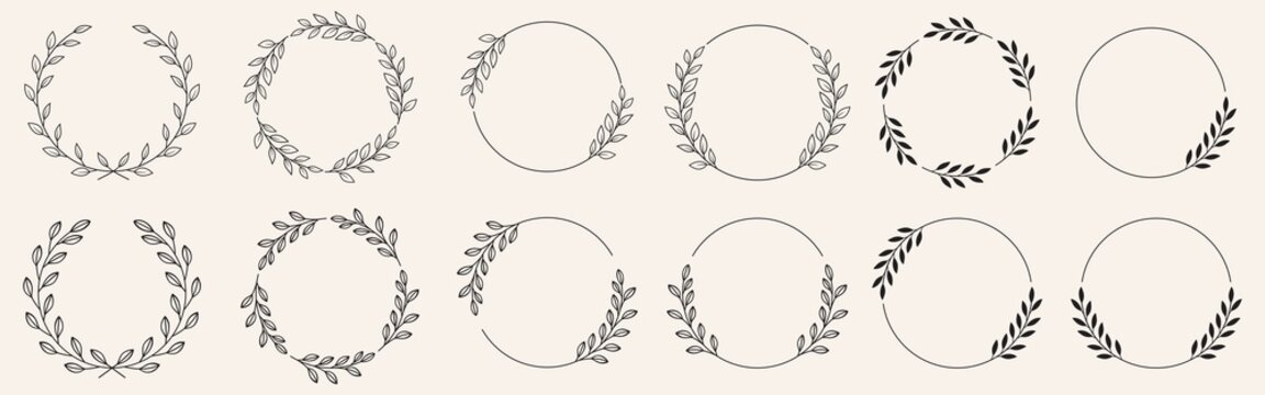 Set of black laurels frames branches with circle borders. Hand drawn collection laurel leaves decorative elements. award, Leaves, invitation decoration, swirls, ornate. Vector icon illustration