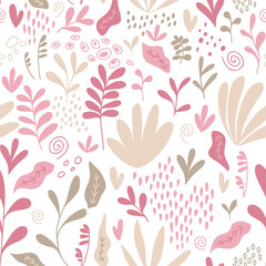 Modern Plant Design Pattern in Pink and Beige with a White Background