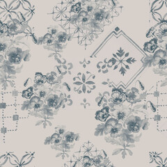 
Bouquet of flowers majolica tiles pansies violets. Pradnik 8 march spring congratulations postcard. Hand drawn watercolor illustration. Print textile vintage retro.