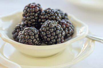 Photo of a white saucer with blackberry berries on a white background.