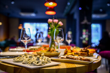 Traditional georgian cuisine and food, on the table in the restaurant
