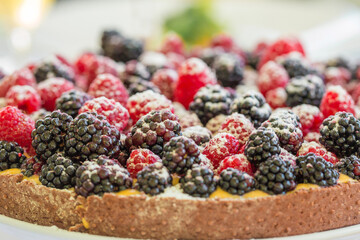 Delicious raspberry  tart (tartlet) with whipped cream. Breakfast Buffet Concept, Breakfast Time....
