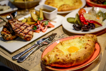 Traditional georgian cuisine and food, on the table in the restaurant