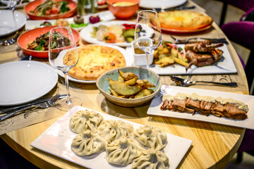 Traditional georgian cuisine and food, on the table in the restaurant