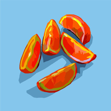 illustration vectorielle d'oranges coupées en quartier sur fond bleu