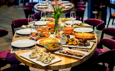 Traditional georgian cuisine and food, on the table in the restaurant