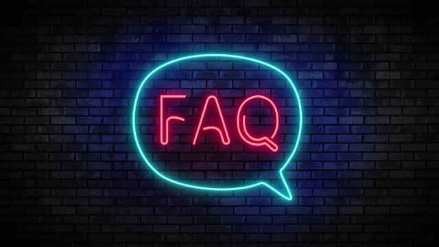 Neon FAQ and speech bubble on brick wall. Night Club Bar Blinking Neon Sign. Motion Animation. Video available in 4K FullHD and HD render footage.
