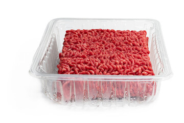 Raw minced beef in plastic pack isolated on white