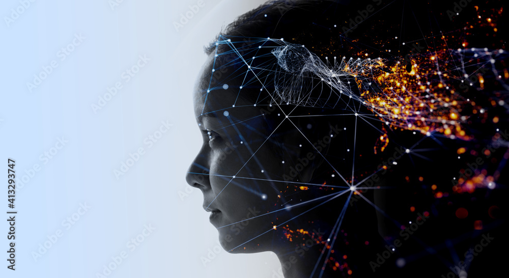 Leinwandbilder double exposure of business woman with the world of futuristic internet communication concept.elemen