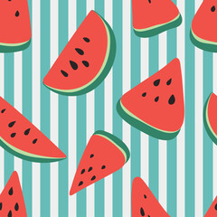 Pattern of sweet juicy pieces watermelon, watermelon slices with seed Vector background.  Modern trendy repeat pattern with watermelon