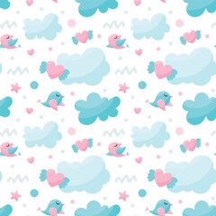 Seamless nursery cute pattern with birds, cloud, heart with wings, stars for kids