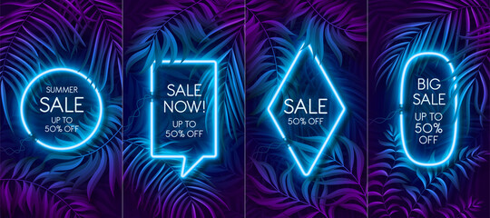 Neon light banner in fluorescent color, tropical background concept.