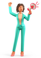 3D illustration of shouting african american woman holding a speaker. Cute cartoon businesswoman in green suit announcing over the loudspeaker by raising her knuckle, isolated on white.