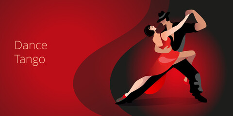 Beautiful couple dancing tango. A woman in a red dress and a man in a black suit and hat. Banner or invitation card template. - obrazy, fototapety, plakaty