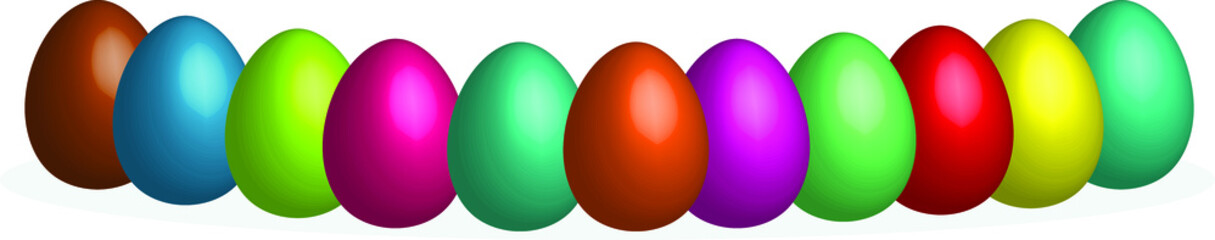 Set of Easter eggs 3d in shiny bright colors, vector drawing for design of a postcard for a spring holiday. A fun weekend with colorful patterns, April or May is a celebration.