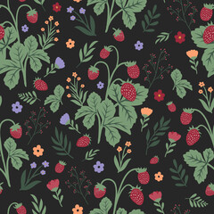 Wild Strawberries and flowers seamless pattern