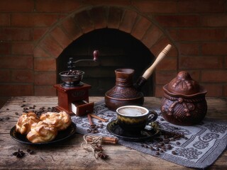 Still life with coffee and sweets against the background of the fireplace