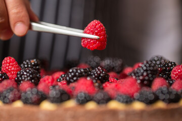 Chef cook preparing tart in his kitchen. Delicious raspberry  tart (tartlet) with whipped cream. Breakfast Buffet Concept, Breakfast Timeю. Various brunch on the table

