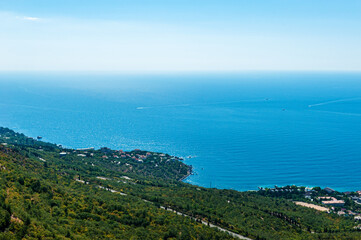 Beautiful view of the Black Sea from the mountain. The Crimean Peninsula. Seascape in sunny weather
