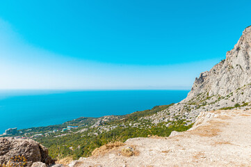 Beautiful view of the Black Sea from the mountain. Crimean Peninsula. Seascape in sunny weather