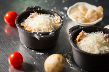 Early meal with fried eggs served in pan. Breakfast Buffet Concept, Breakfast Timeю. Various brunch on the table
