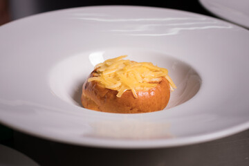 Chef cook preparing eggs  in his kitchen.Early meal with fried eggs served in pan. Breakfast Buffet Concept, Breakfast Timeю. Various brunch on the table