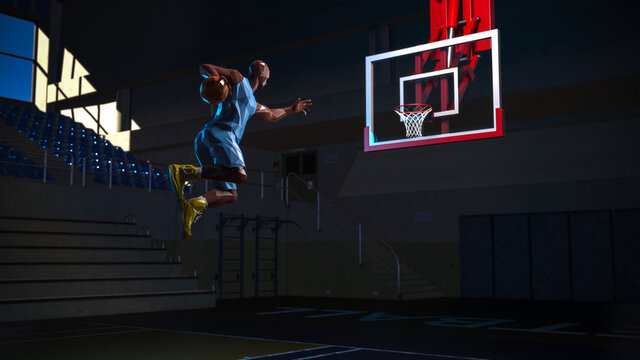 Polygonal basketball player. Sport arena. 3d render