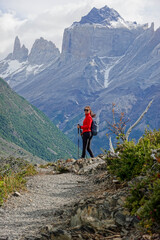 Fototapeta na wymiar Young beautiful girl goes trekking in the mountains Torres del Paine