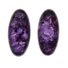 Two rare russian charoite cabochons on white background