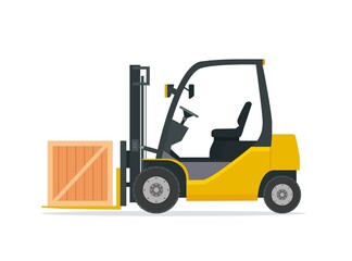 Yellow forklift truck isolated on white background. Forklift unloads boxes. Delivery, logistic and shipping cargo. Warehouse and storage equipment. Vector illustration in flat style