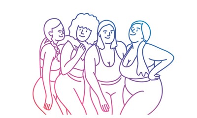 Obraz na płótnie Canvas Four best friends are hugging. Fitness concept. Colorful line. Vector illustration.