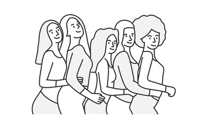 Side view of young women standing in line. Hand drawn vector illustration.
