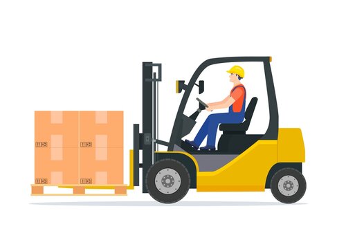 Yellow Forklift Truck With Driver Isolated On White Background. Electric Uploader. Delivery, Logistic And Shipping Cargo. Warehouse And Storage Equipment. Flat Vector Illustration