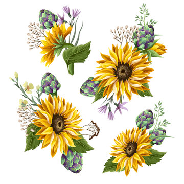 Sunflowers bouquet with wild flower and artichoke isolated.