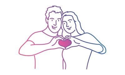 Happy woman and man making heart sign.  Relationship concept. Colorful line. Vector illustration.