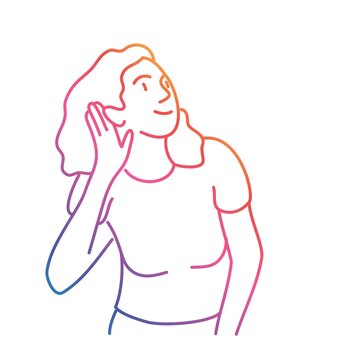 Cute Woman Try To Hear Better With Hand Palm. Colorful Line. Vector Illustration.