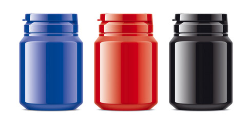Set of Glossy Colored Plastic Bottles with rubber cap. 