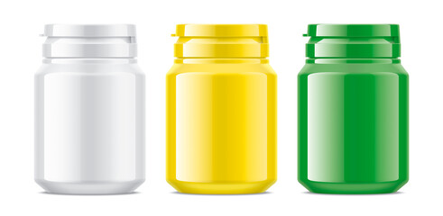 Set of Glossy Colored Plastic Bottles with rubber cap. 