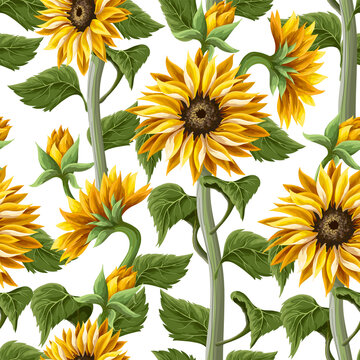 Seamless pattern with sunflowers on a white background.