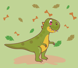tierno dinosaurio rex feliz con hojas 