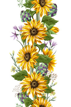 Border with Sunflowers bouquet,.artichoke and wild flower. Vector illustration.