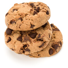 Three Chocolate chip cookies isolated on white background. Sweet biscuits. Homemade pastry.