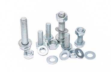 Steel bolts with nuts and washers on a white background