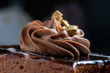 Piece of chocolate cake with cream and gold bars on it