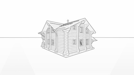 wooden tiny house, cottage, villa made of gun carriage. Black-and-white picture of a house project on an isolated background with a horizon border