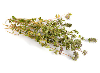Dried Thyme. Dry Thymus (Thymes) with Leafs and Flowers. Culinary Spice and Herbal Tea. Isolated on White Background.