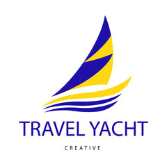 Bright blue travel yaht sign. Design modern logos sailboat for Business. Vector logotype isolated on white background.